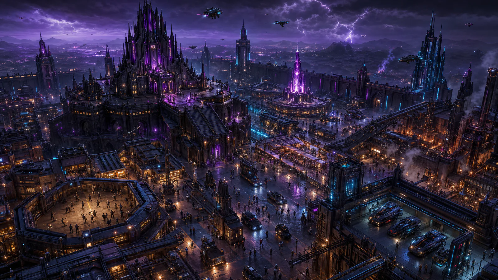 Néo-Cité cyberpunk de Lilith, architecture violette et cyan