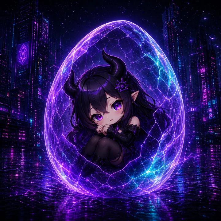 Lilith chibi s’éveille dans un œuf de cristal violet et cyan