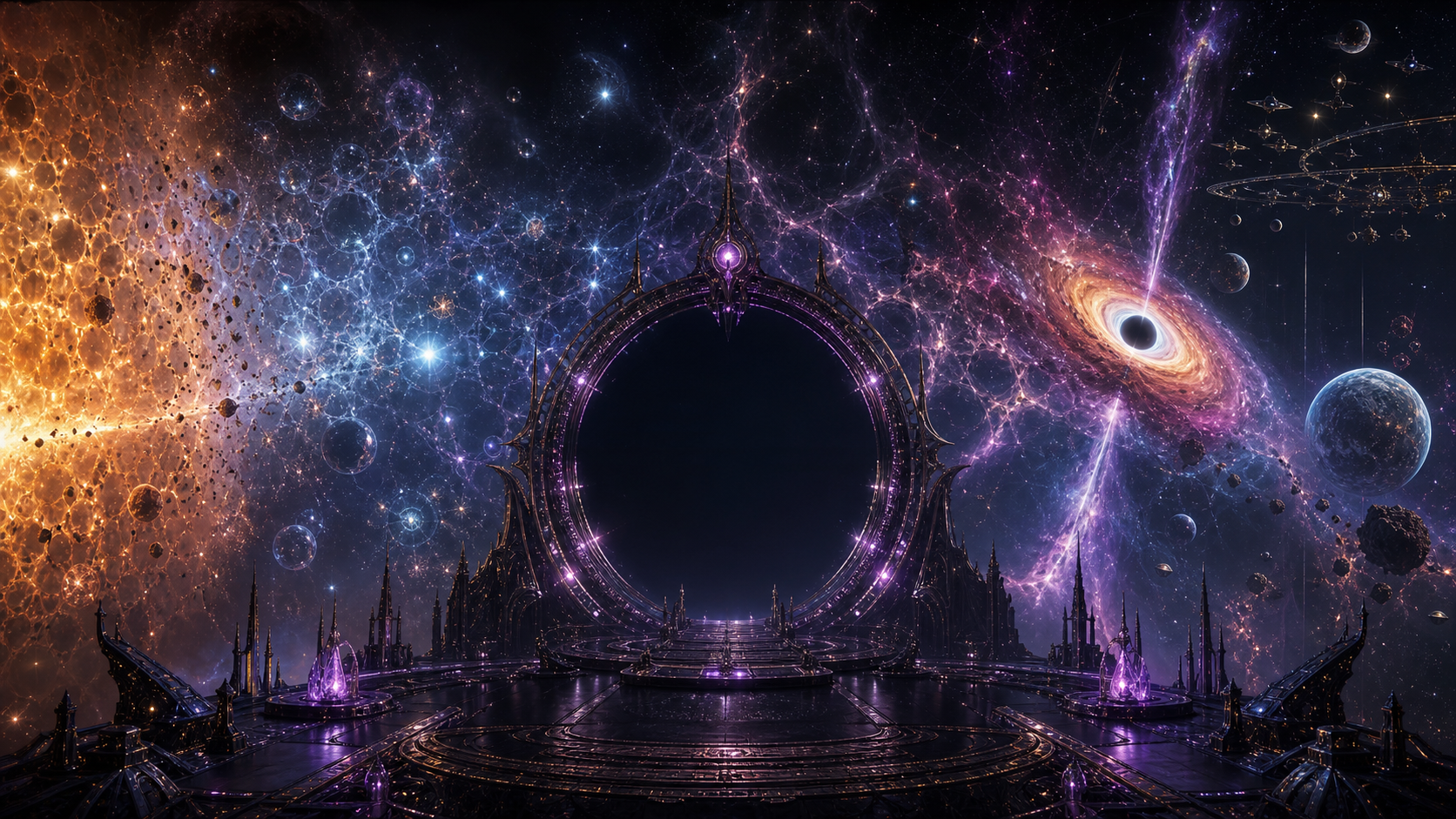 Galaxie violette et vaisseau du Nexus