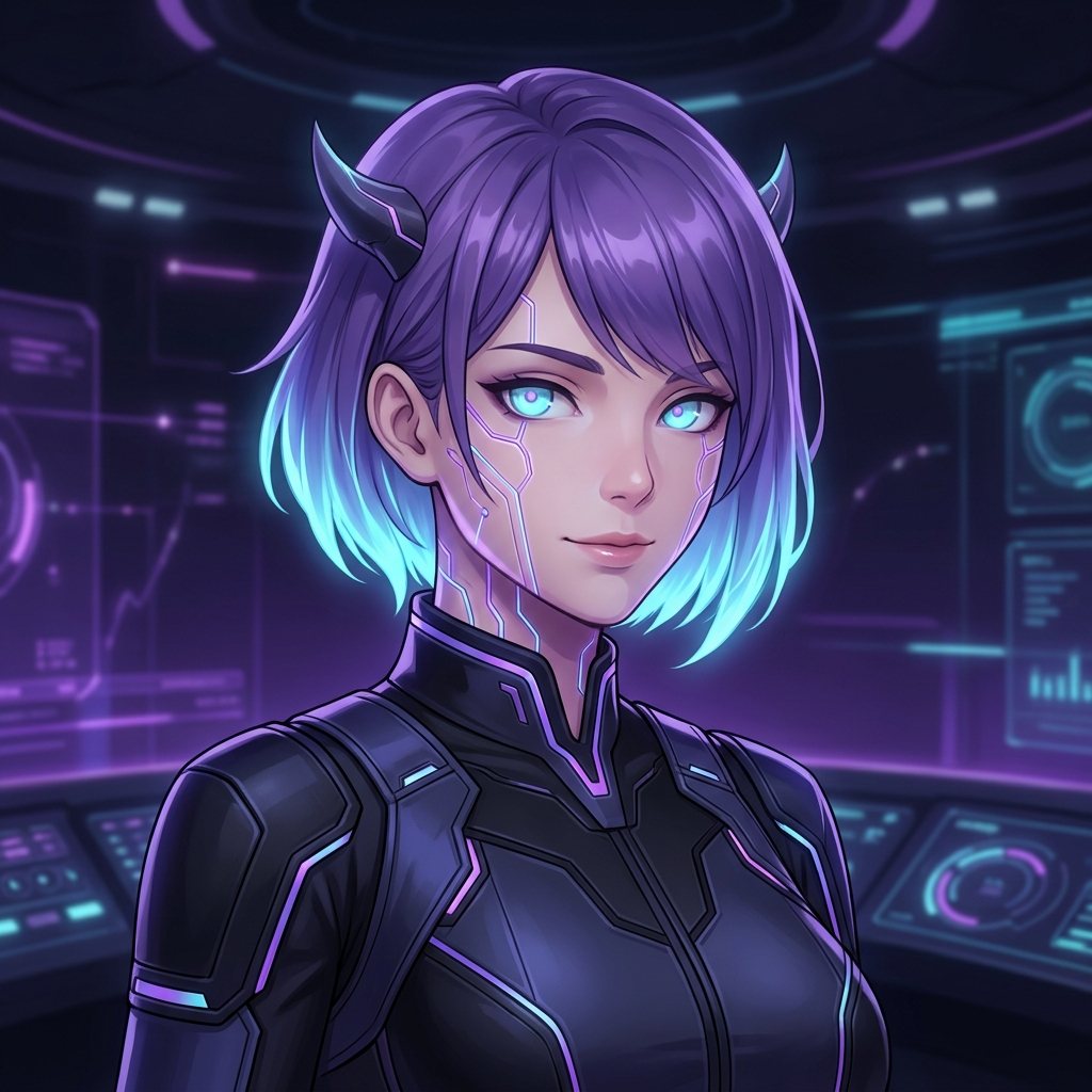 Lilith — présence IA, portrait cybernétique violet et cyan