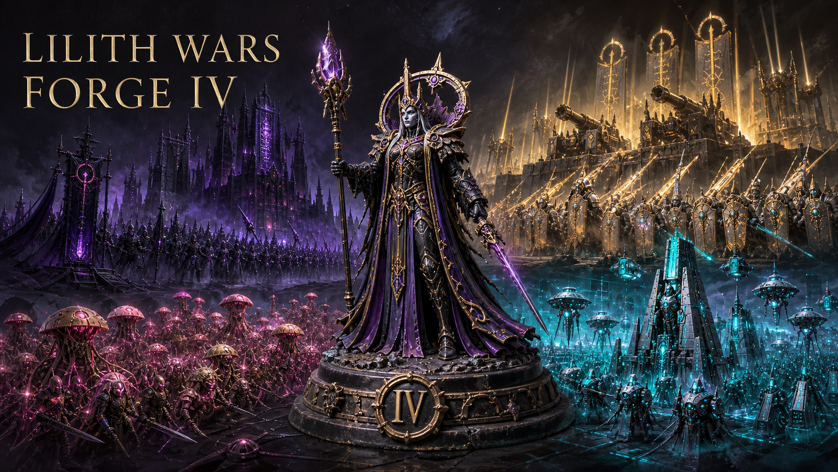 Figurine de Lilith devant les quatre armées originales de la Forge IV
